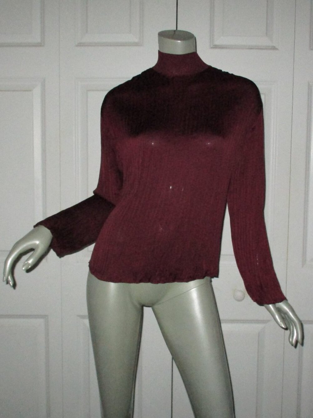 VINCE Burgundy Pleated Satin Mock Neck Long Sleeve Blouse